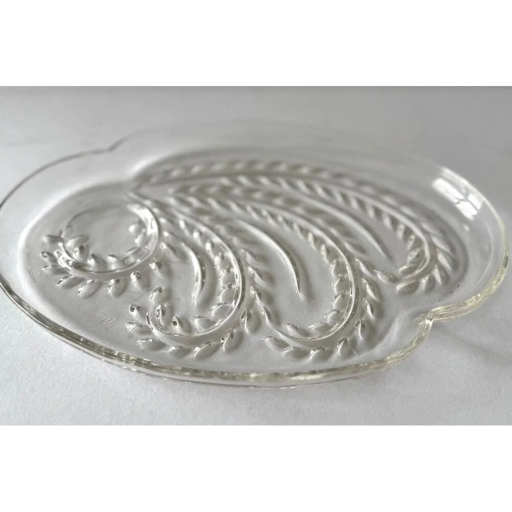 Pressed Glass Catchall Dish Paisley Leaf Embossed Vanity Tray